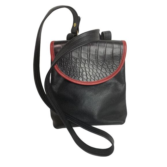 Unbranded Handbags - Vintage 1990s Black Red Leather Flap Satchel Hip Bag